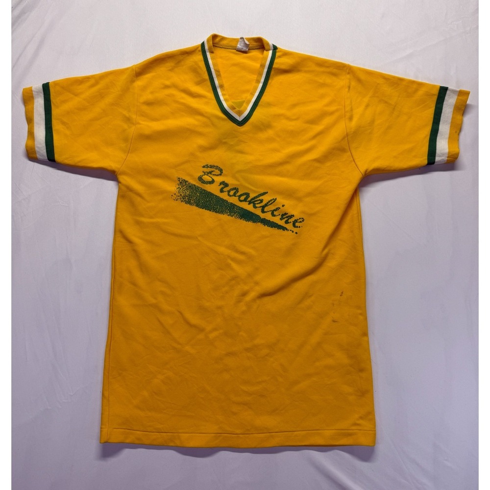 Lemans Single Stitch Jersey Mens Large Yellow Graphic Brookline Nylon V Neck‎ #7